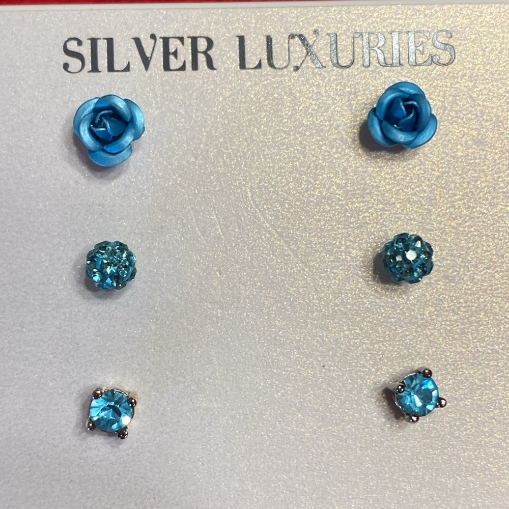 Blue Crystal Silver Tone Pierced Earrings - Picture 4 of 10